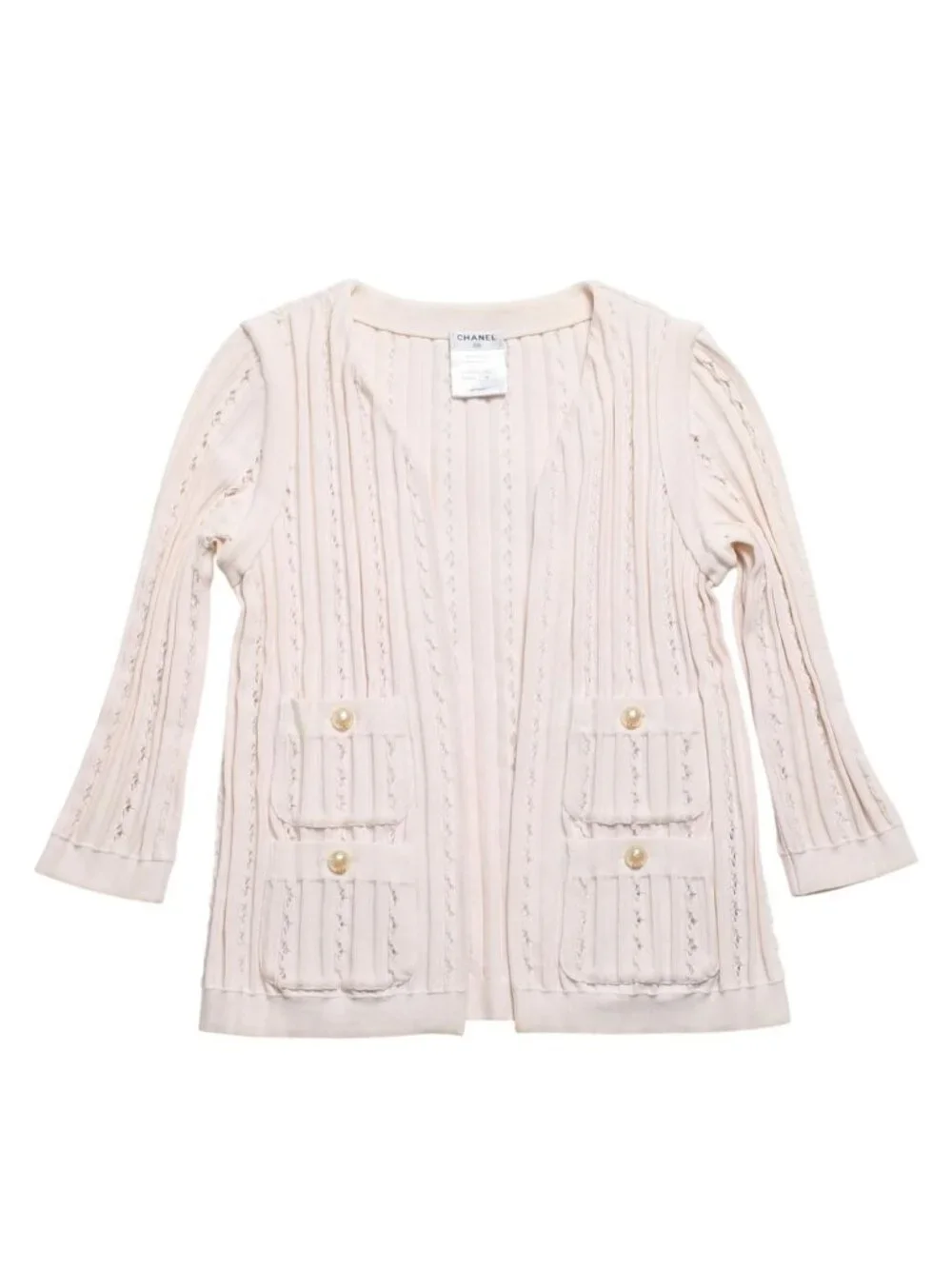Chanel Cardigan Pearl Button CC Logo Cotton Rayon Polyester Pink